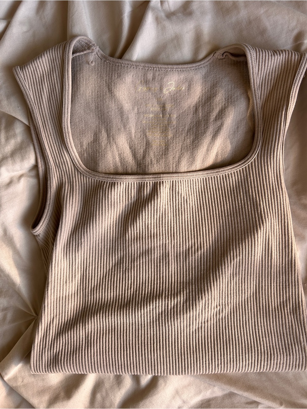 Ribbed Square Neck Tank Top — Beige